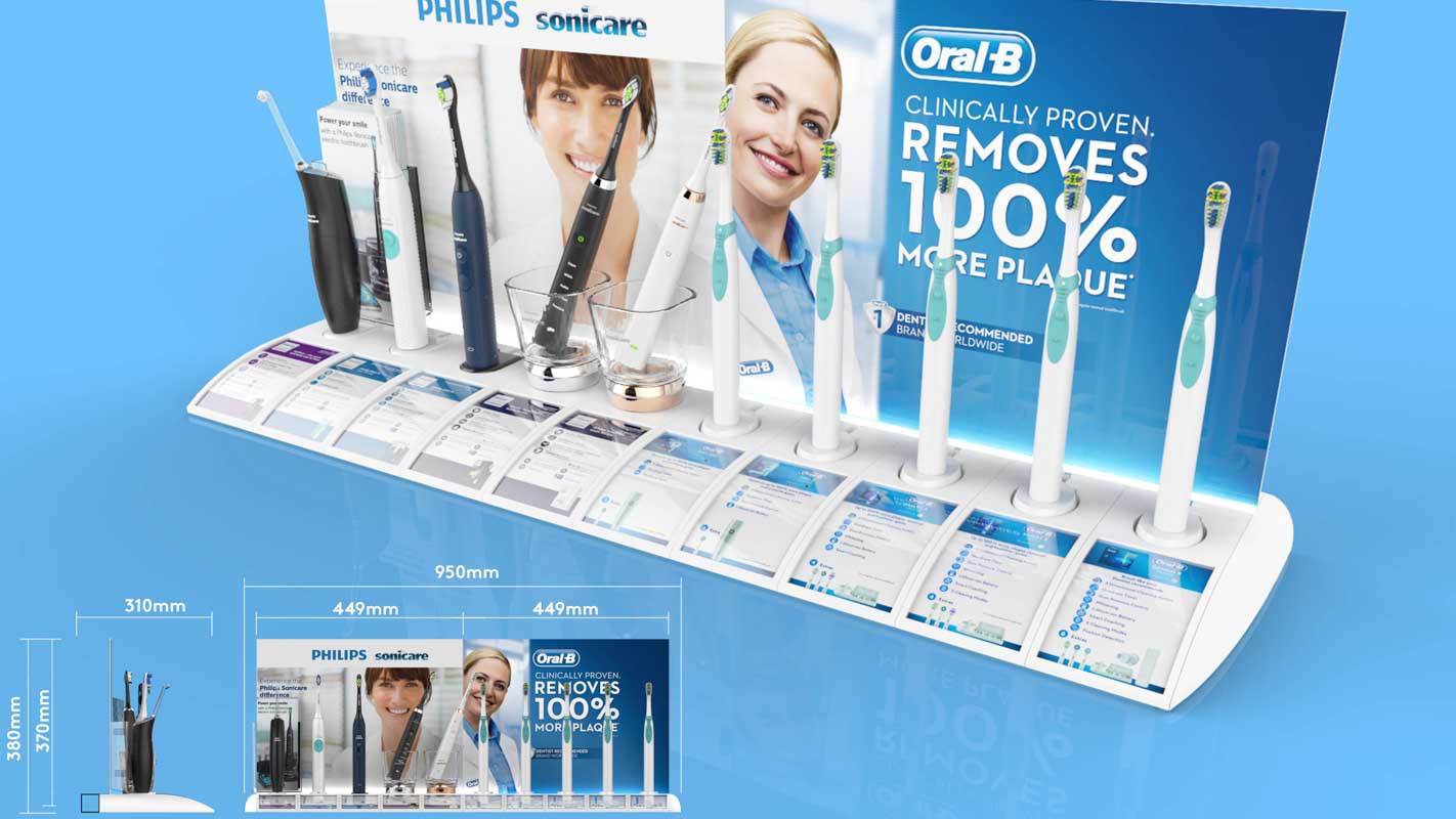Genesis Retail Displays custom designed interactive shelf display for healthcare products Philips Sonicare range in modular format for multiple products measurements for stores Genesis Retail Displays custom designed interactive shelf display for healthcare products Philips Sonicare range in modular format for multiple products measurements for stores