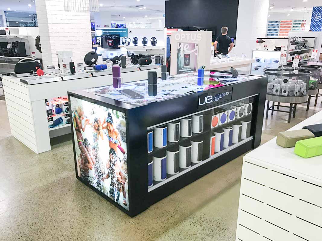 Genesis Retail Displays interactive pos display manufacturer in Australia creating a play table for Ultimate Ears UE BOOM range of bluetooth speakers without a head board 1 Genesis Retail Displays interactive pos display manufacturer in Australia creating a play table for Ultimate Ears UE BOOM range of bluetooth speakers without a head board 1