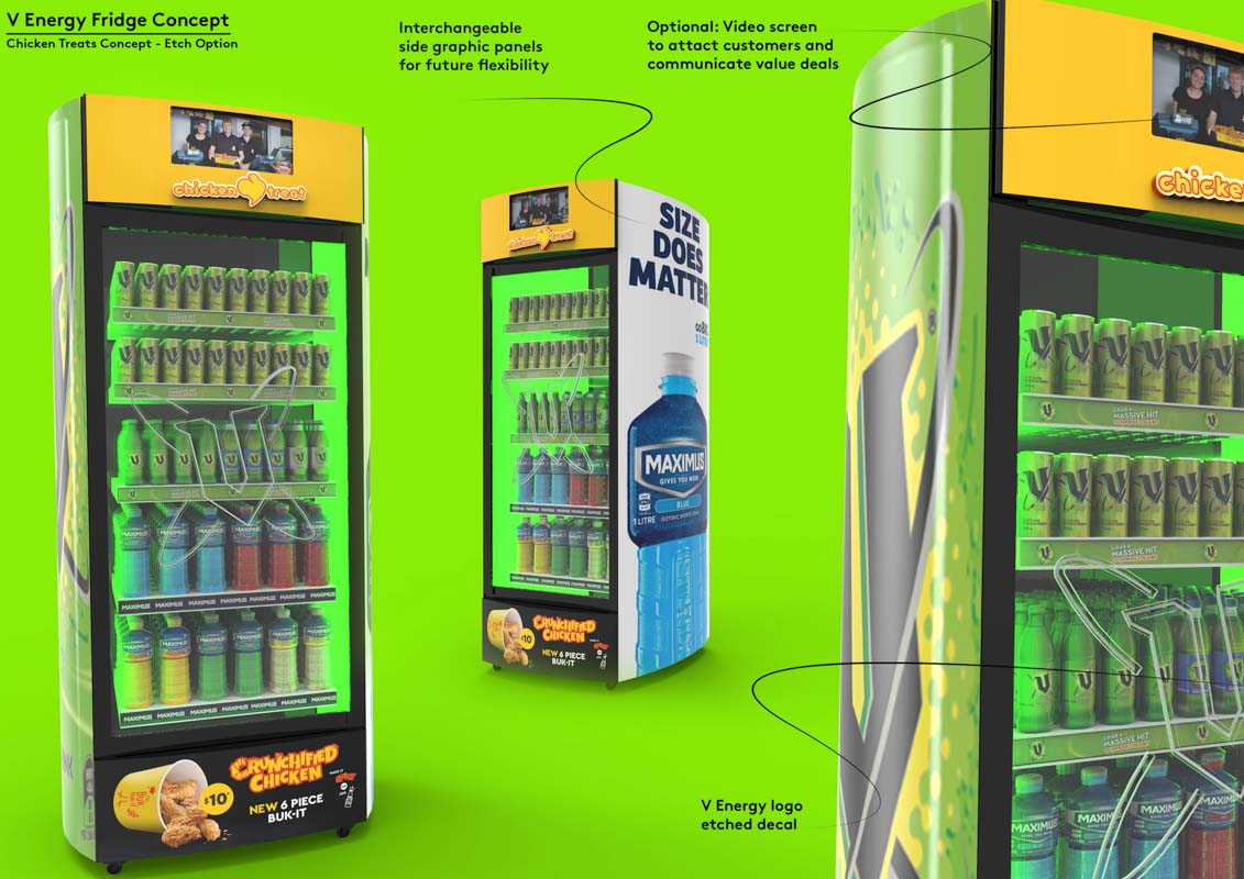 Custom designed permanent retail point of sale displays for products in retail by Genesis Retail Displays pop manufacturer in Sydney V Energy Chicken Treats Concepts 2138 Custom-designed-permanent-retail-point-of-sale-displays-for-products-in-retail-by-Genesis-Retail-Displays-pop-manufacturer-in-Sydney-V-Energy-Chicken-Treats-Concepts-2138